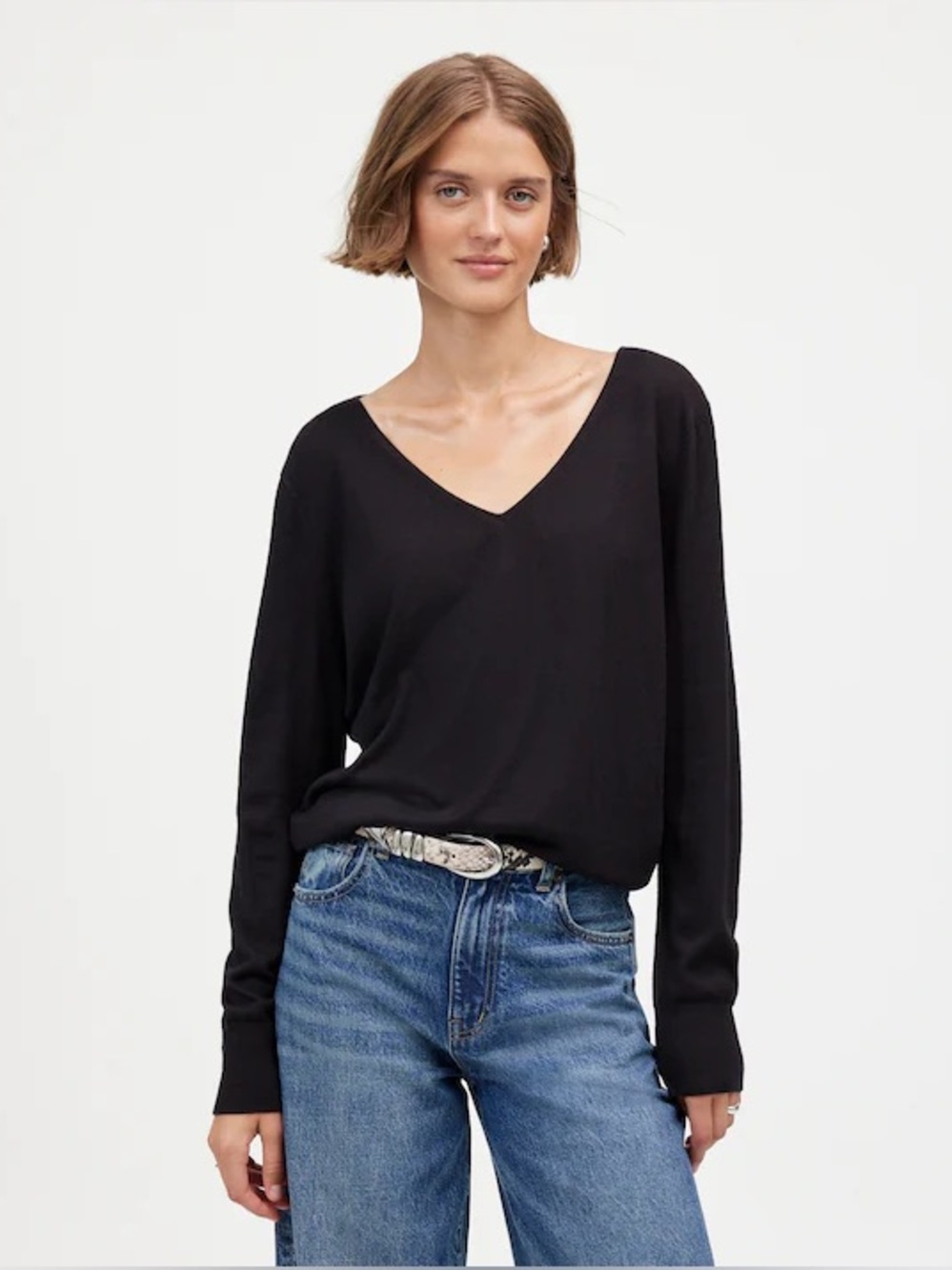 Madewell Black V-Neck Sweater Medium silk/wool blend